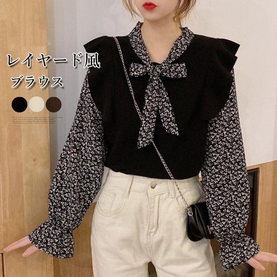ブラウス レディース ニットトップス 春秋冬 レイヤード風 Vネック ボウタイドッキング 小花柄 フラワー 袖切り替え リボン ラッフルフリル袖 トップスブラウス レディース ニットトップス トップス